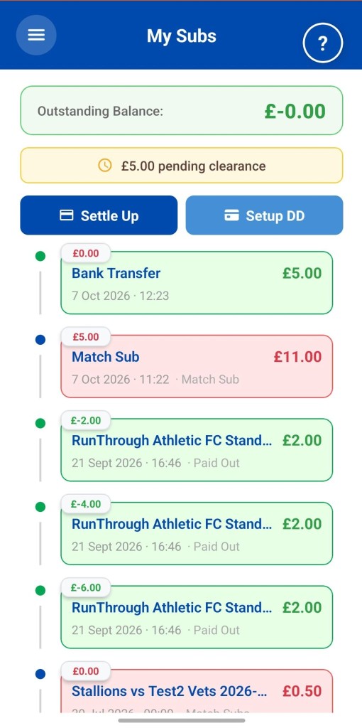 SubSync My Subs screen showing a player what they owe and how to pay