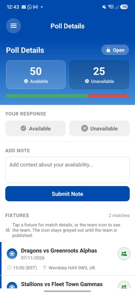 SubSync availability poll a player responds to for an upcoming match