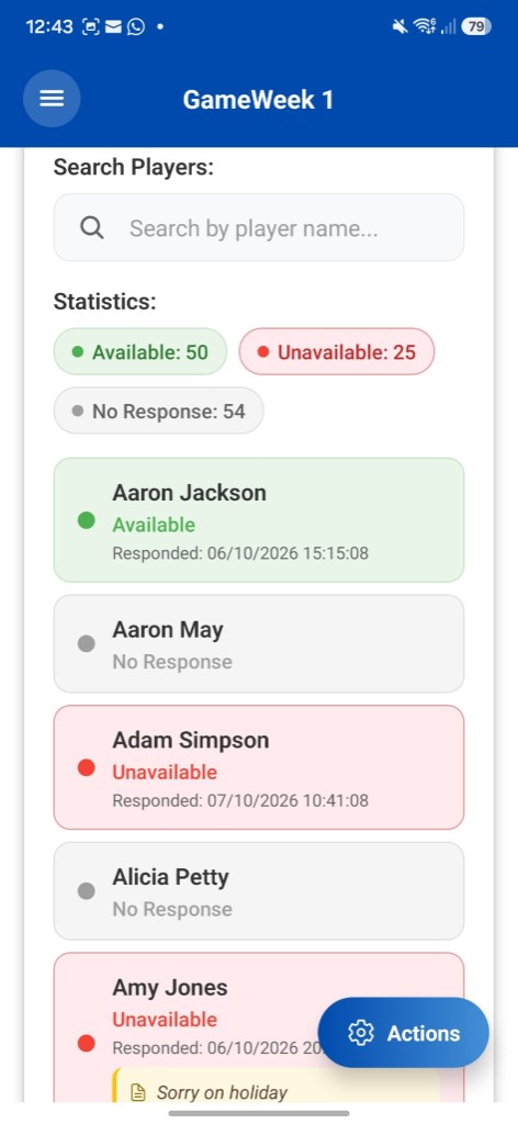 SubSync poll stats showing responses, late flags and poll closure for a fixture